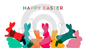 Happy easter diverse rabbits silhouette in transparent colors card illustration