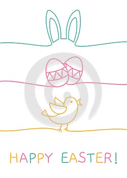 Happy Easter doodle greeting card with bunny ears, chcken eggs and chick