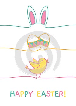 Happy Easter doodle greeting card with bunny ears, chcken eggs and chick