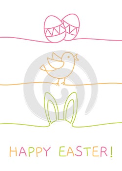 Happy Easter doodle greeting card with bunny ears, chcken eggs and chick