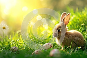Happy easter eager Eggs Merry Basket. Easter Bunny spring Holy Week. Hare on meadow with mourning easter background wallpaper