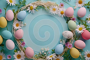 Happy easter easter banner Eggs Carefree Basket. White tender Bunny Floral arrangement. optimistic background wallpaper