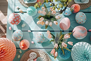 Happy easter Easter basket Eggs Bountiful Basket. White book illustration Bunny free space. turquoise winter background wallpaper