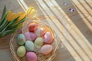 Happy easter easter blessing Eggs Easter Euphoria Basket. White Customized note Bunny Tail. family gathering background wallpaper