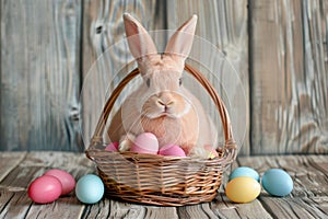 Happy easter easter bonnet Eggs Easter Bunny Figurines Basket. White spring flower Bunny plush backpack. Orange Fizz background