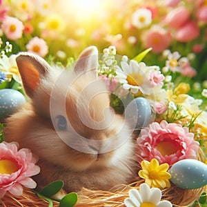 Happy Easter. Easter bunny with a basket of eggs. Happy Easter Bunny on a card on their hind legs with flowers at sunset