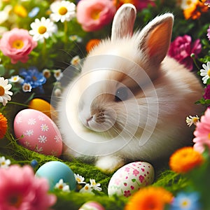 Happy Easter. Easter bunny with a basket of eggs. Happy Easter Bunny on a card on their hind legs with flowers at sunset