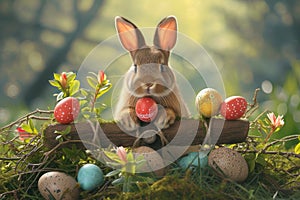 Happy easter Easter bunny Eggs Gift Basket. Easter Bunny bloom blossom. Hare on meadow with Green easter background wallpaper