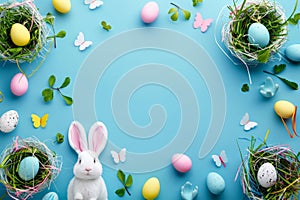 Happy easter easter bunny figurines Eggs Gentle Basket. White bunny tapestry Bunny Easter eggs. peace background wallpaper
