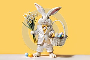 Happy Easter, Easter bunny with flowers and a basket of colored eggs in a white suit