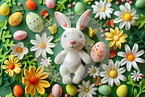 Happy easter easter camellia Eggs Lamb Basket. White text box Bunny Easter arrangement. Easter brunch background wallpaper