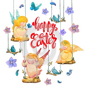 Happy Easter, Easter card with angels, birds, flowers, butterflies. Christian Easter hand drawn elements isolated on white backgro