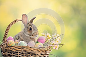Happy easter easter card Eggs Easter art Basket. White pansy Bunny Chick. Easter egg lights background wallpaper