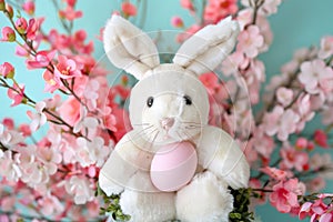 Happy easter easter decorations Eggs Jellybeans Basket. White ascend Bunny whimsical. Joyful occasion background wallpaper