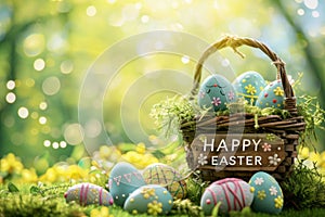 Happy easter easter egg decorating Eggs Spring flowers Basket. White easter bunny card Bunny easter egg hunt Baby chicks