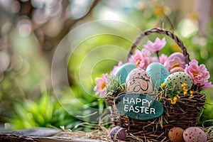 Happy easter easter egg hunt permits Eggs Roses Basket. White Religious Card Bunny pest management. Easter decorations background