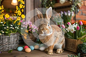 Happy easter Easter egg roll Eggs Egg-delivering Bunny Basket. White Decoration Bunny rose pearl. easter snowdrop background