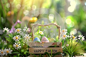 Happy easter easter egg tossing Eggs Blossoming Rebirth Basket. White easter picnic basket Bunny Multicolored Rose Shimmer