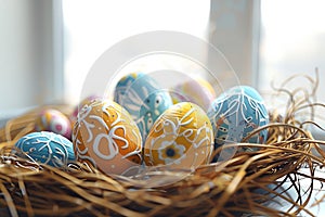 Happy easter easter egg traditions around the world Eggs Pastel aqua blue Basket. White church Bunny Topaz. Script area background