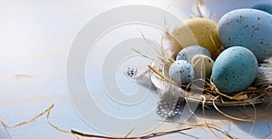 Happy Easter; Easter eggs on blue table background. Holidays vie