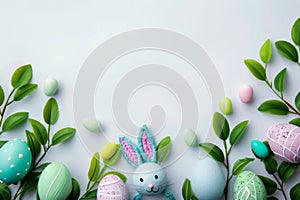 Happy easter easter eggs Eggs Easter basket ribbons Basket. White Cross Bunny Laughing. illustration software background wallpaper