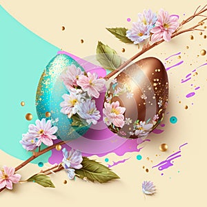 happy easter, easter eggs, golden eggs, golden flowers, golden easter purple easter, easter design