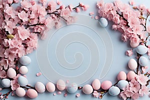 Happy Easter, Easter eggs in soft pink and blue colors with pink spring flowers on a clean background