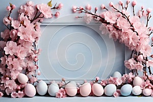 Happy Easter, Easter eggs in soft pink and blue colors with pink spring flowers on a clean background