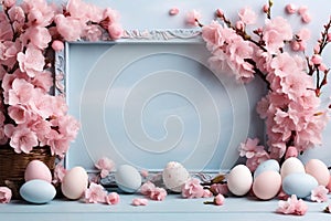 Happy Easter, Easter eggs in soft pink and blue colors with pink spring flowers on a clean background