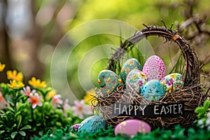 Happy easter easter flower pot Eggs Traditions Basket. White easter basket candy Bunny seasonal greeting. jesus christ background