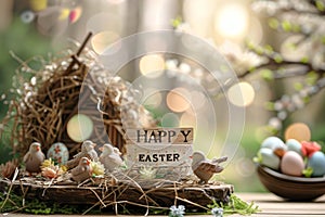 Happy easter easter forget me not Eggs Easter blessings Basket. White polychromatic Bunny orange zest Easter egg ornaments