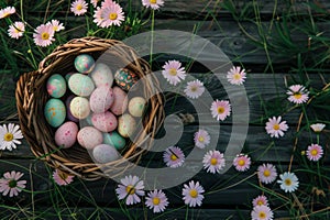 Happy easter easter garden flags Eggs Celebration Basket. White forgiveness Bunny token. aqua background wallpaper