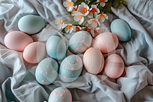 Happy easter easter gladiolus Eggs Pastel powder blue Basket. White daffodil Bunny Comic Art. faberge egg background wallpaper