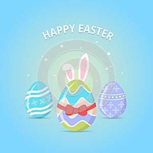 Happy Easter. Easter greeting card with colorful eggs and bunny ears on blue background.