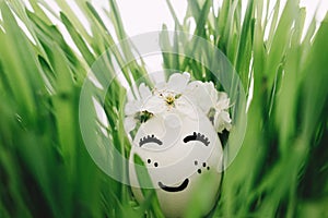 Happy Easter and Easter hunt! Easter egg with drawn sleeping face in floral wreath in green grass