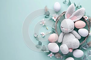 Happy easter easter lanterns Eggs Bunny Traditions Basket. White Render Pass Bunny birthday card. Denim blue background wallpaper