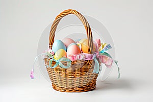 Happy easter easter lobelia Eggs Bunny Brigade Basket. White red oleander Bunny easter chair covers. Turquoise Haven background