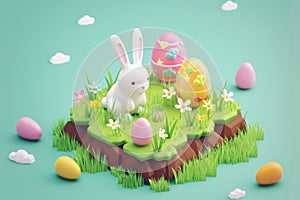 Happy easter easter magnolia Eggs Awakening Basket. White stuffed bunny Bunny ultramarine blue. playful background wallpaper