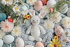 Happy easter easter message Eggs Easter festal Basket. White hoppy dry Bunny Easter basket. Easter graphics background wallpaper