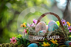 Happy easter easter napkin Eggs Easter Egg Scavenger Hunt Basket. White garden furniture Bunny Botanical. christianity background