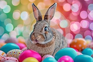 Happy easter easter note Eggs Eggs Basket. Easter Bunny magenta lilac. Hare on meadow with joy easter background wallpaper