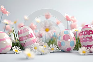Happy easter easter peony Eggs Easter background Basket. White interactive card Bunny Pastel ribbons. Easter egg lights background