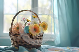Happy easter easter poppy Eggs Chicks Basket. White Palm Sunday Bunny eggshell. solemnity background wallpaper