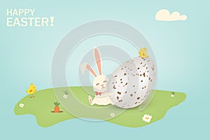 Happy Easter. Easter Rabbit Bunny with eggs, grass, flowers in field. Cute cartoon rabbit character with chicken, Paschal egg.