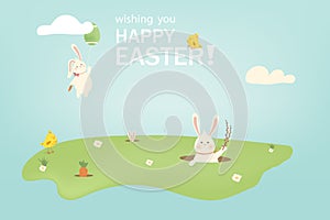 Happy Easter. Easter Rabbit Bunny with eggs, grass, flowers in field. Cute cartoon rabbit character with chicken, Paschal egg.