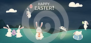 Happy Easter. Easter Rabbit Bunny with eggs, grass, flowers in field. Cute cartoon rabbit character with chicken, Paschal egg.