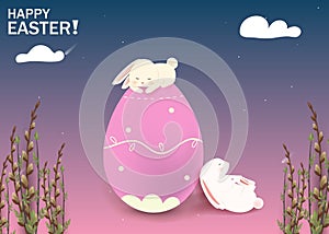 Happy Easter. Easter Rabbit Bunny with eggs, grass, flowers in field. Cute cartoon rabbit character with Paschal egg. Design