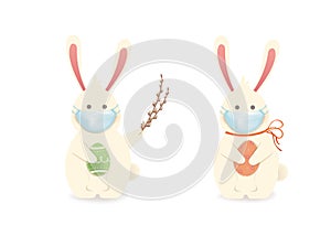 Happy Easter. Easter Rabbit Bunny with Medical Face Mask, eggs . Cute, funny cartoon rabbit character with Paschal egg isolated.