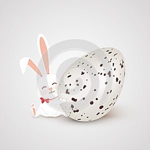 Happy Easter. Easter Rabbit bunny with realistic big egg isolated on gray background. Cute, funny cartoon rabbits