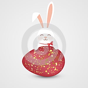 Happy Easter. Easter Rabbit bunny with realistic big egg with spots isolated on gray background. Cute, funny cartoon